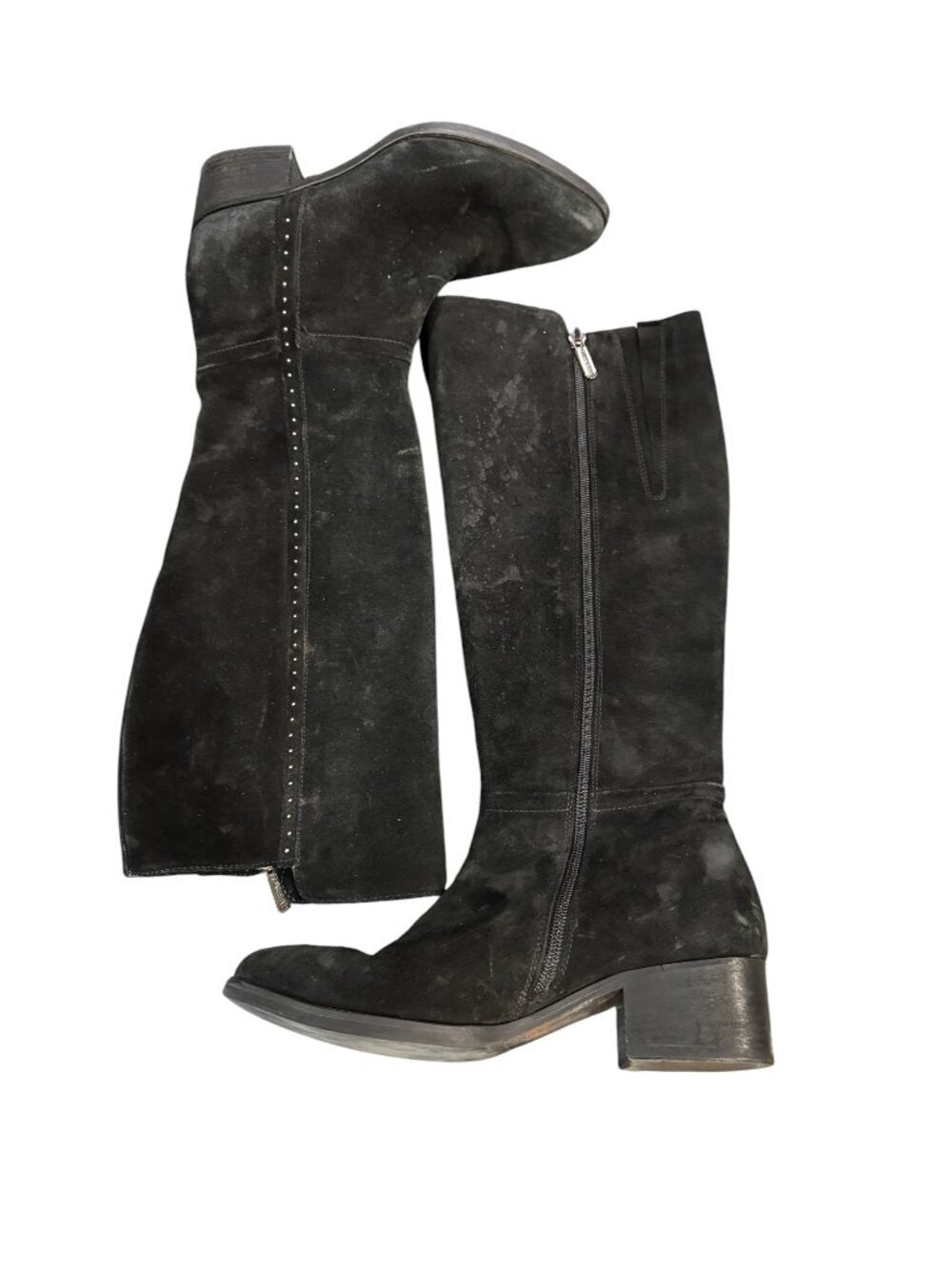 Italeau Suede Knee High Boots Black Studded Italian Leather Size 37